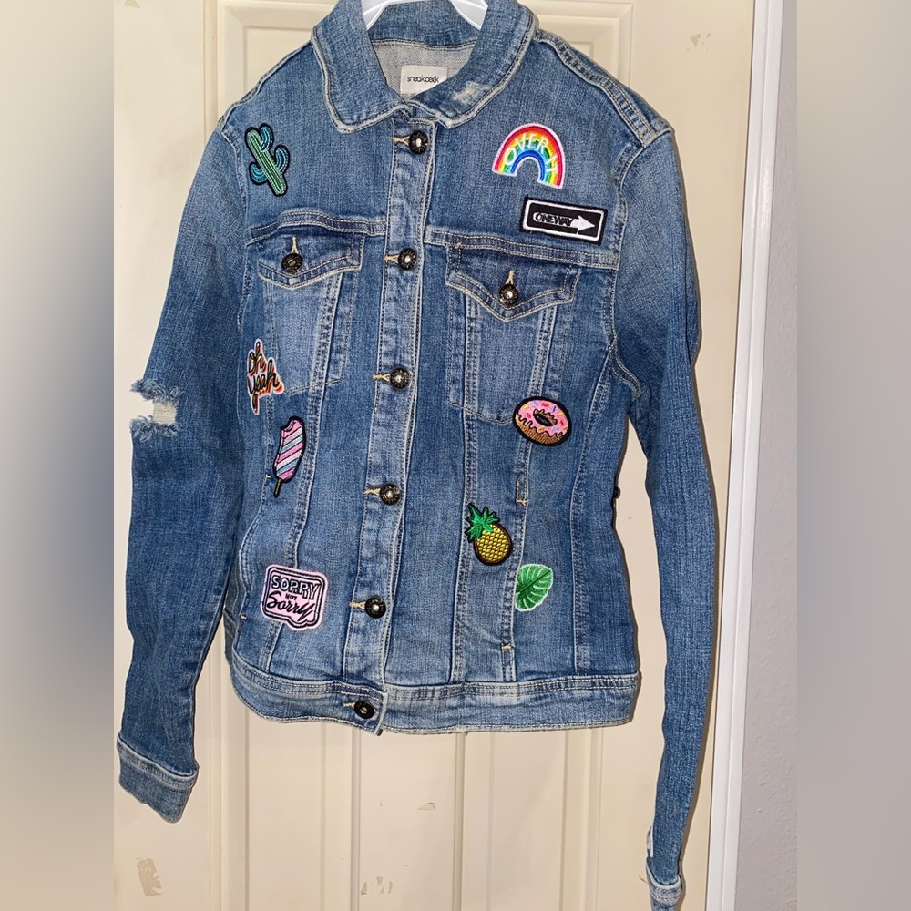 NWT Distressed Denim Jacket With Patches